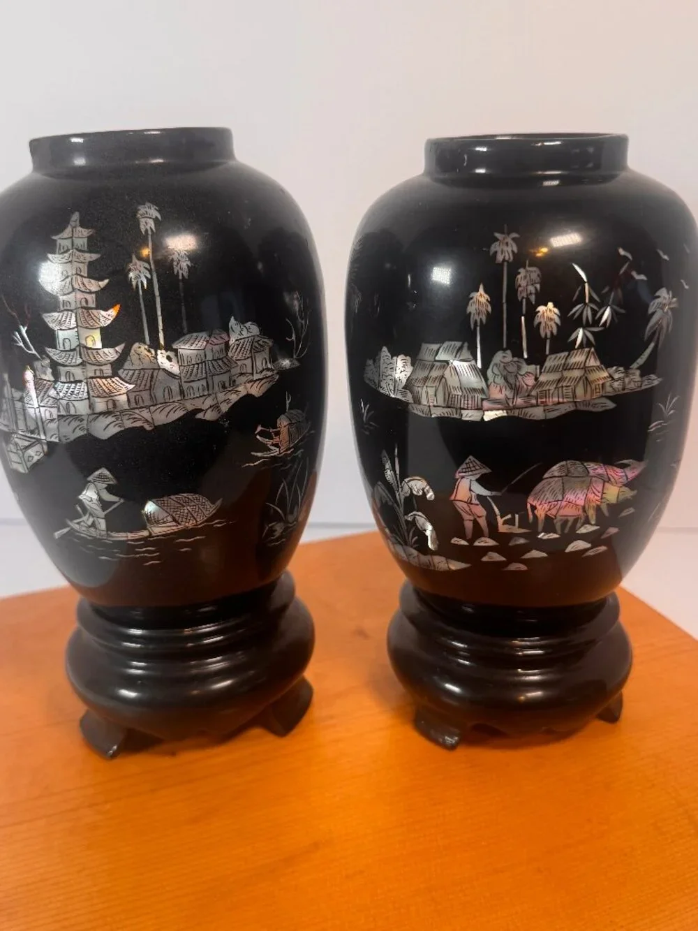 Vintage black lacquer vase/vessel with traditional East Asian-style inlay
